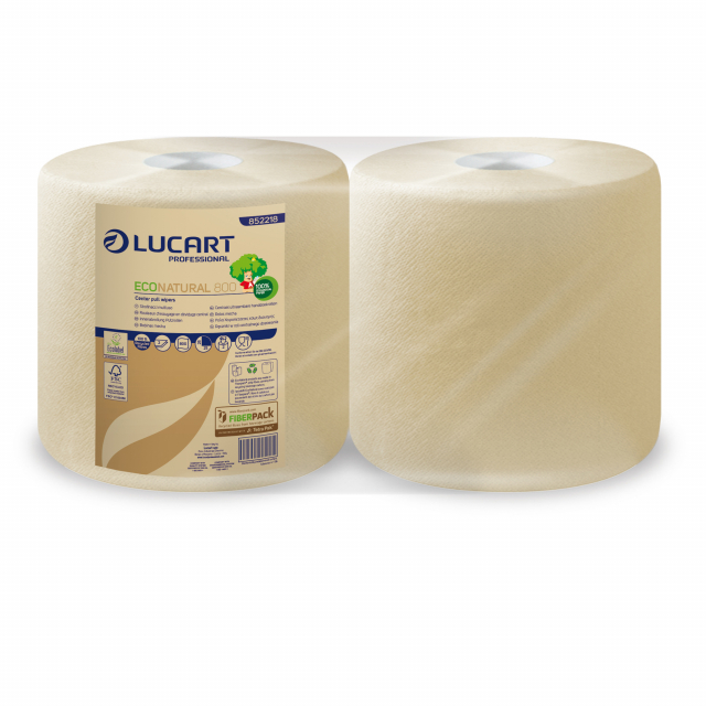 EcoNatural è la linea di prodotti realizzata in Fiberpack®, la materia prima ottenuta dal riciclo delle fibre di cellulosa presenti nei cartoni delle bevande. Bobina asciugatutto industriale in Fiberpack® a 2 veli 18,5g. Color avana microgoffrata 800 stra