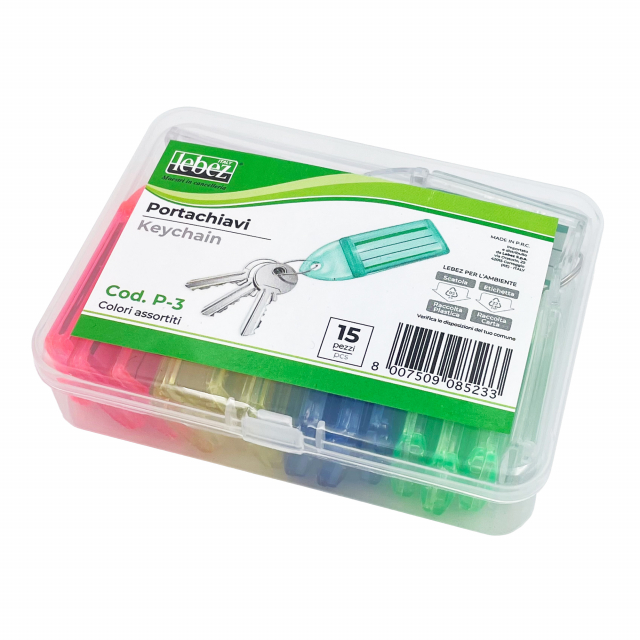 Scatola in plastica trasparente con 15 targhette portachiavi in plastica con anello in metallo. Colori assortiti trasparenti per una facile identificazione da ambo i lati.