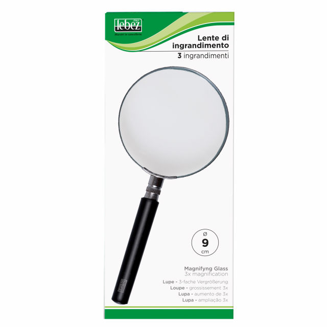 Lente di ingrandimento in vetro con impugnatura in ABS colore nero. Diametro della lente 9cm. Ingrandimenti x 3.