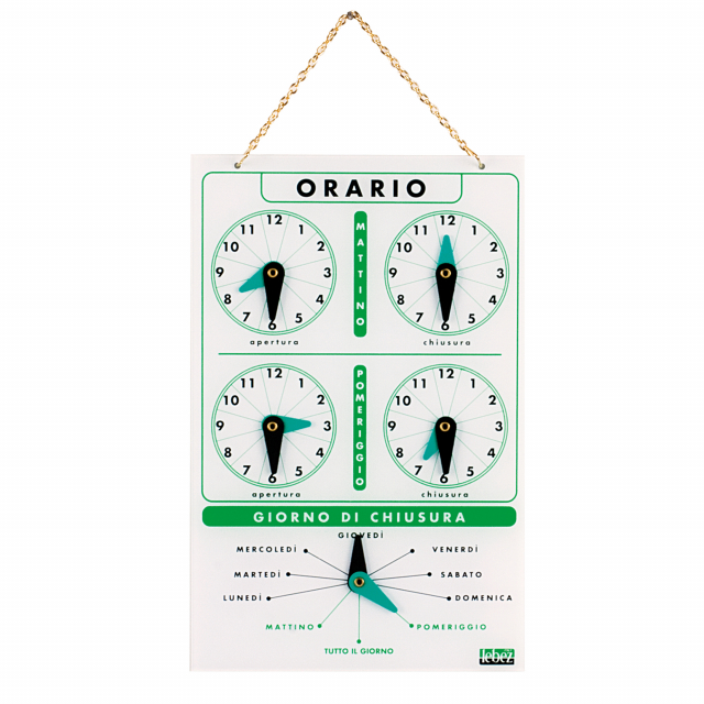 Cartello orario in acrilico da 2mm con catenina in metallo per appendere. Formato: 13x20cm.
