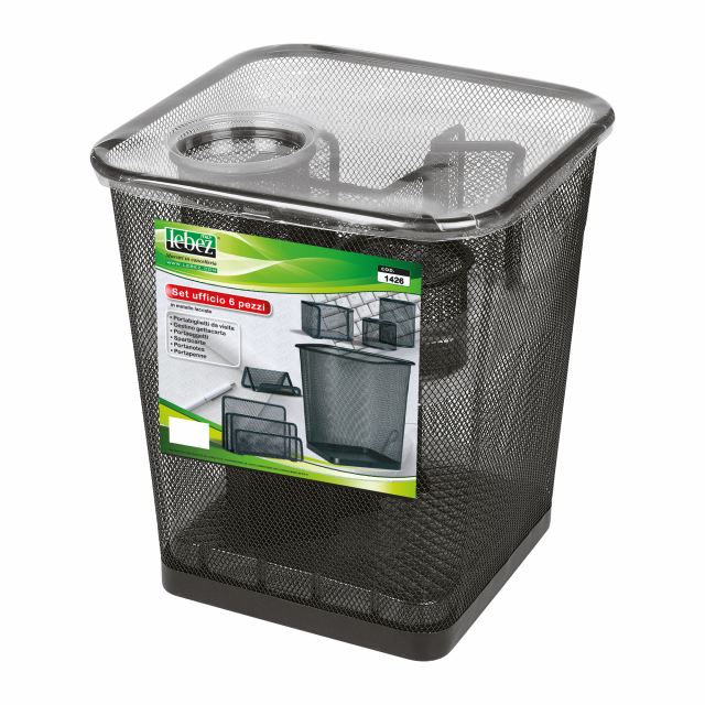Set scrivania in rete metallica, composto da 6 accessori: sparticarte, cubo portamemo, portapenne, portafermagli, portabiglietti da visita e cestino gettacarte.