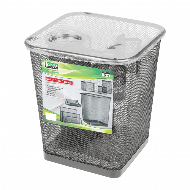Set scrivania in rete metallica, composto da 6 accessori: sparticarte, cubo portamemo, portapenne, portafermagli, portabiglietti da visita e cestino gettacarte.