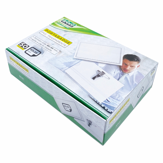 Portabadge con clip e spilla, formato 90x55mm.
