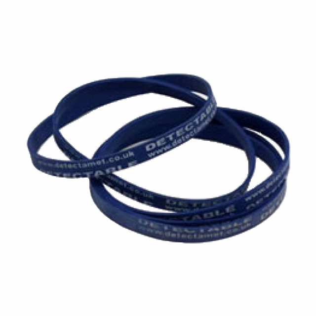 Elastico in gomma detectabile. Resistente ai lavaggi.  Dimensioni: 70x6x1mm. Colore: blu.