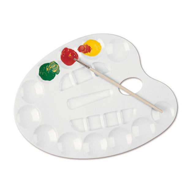 Tavolozza in materiale plastico permette di miscelare colori di ogni tipo, utilizzando sia le parti piatte che quelle preformate a vaschetta. Particolarmente utile per la diluizione delle tinte. Lavare dopo lÆuso con acqua e sapone, evitando le spugne abr
