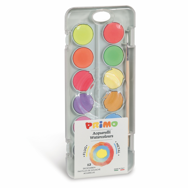 Pastiglie acquerello fluo e metallizzato ottenute comprimendo polveri ad alto contenuto di pigmento, di qualità speciale, in scatola in plastica da 12 colori, con pratico coperchio tavolozza e pennello. Diluite con poca acqua permettono di ottenere stesur
