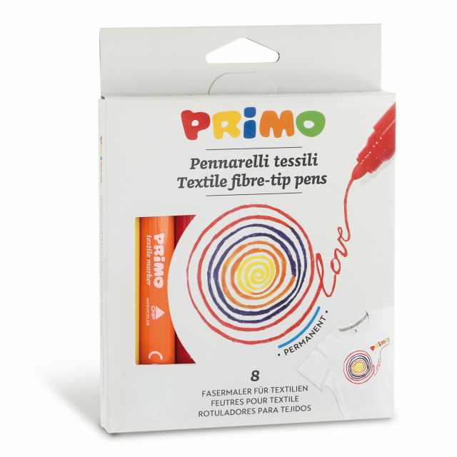 Pennarelli per tessuto, in scatola di cartone, 8 colori. Facile da applicare, luminoso nel risultato permette di creare disegni e linee più sottili. Una volta asciutto è permanente sui tessuti. Stirare dal rovescio.Una volta asciutto non è lavabile dai te