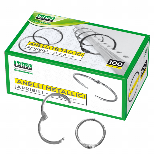 Scatola di anelli in metallo apribili per rilegare fogli o campionature.