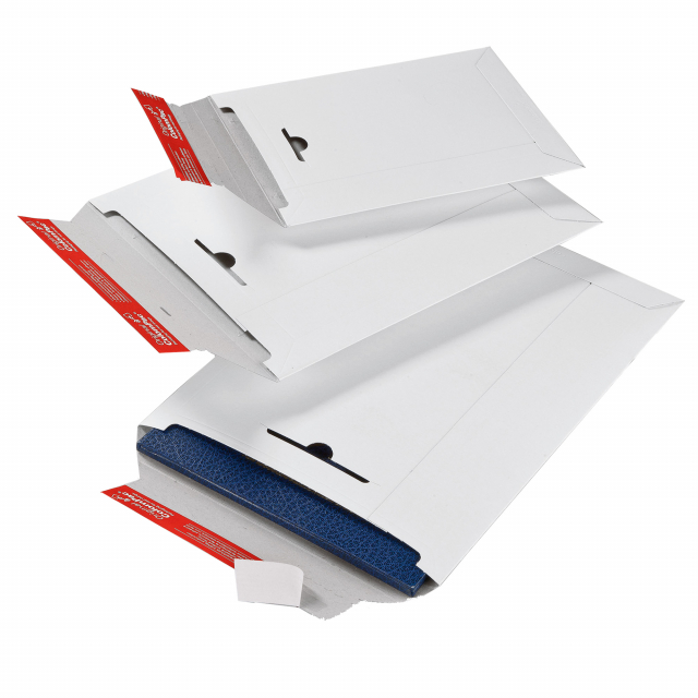 Buste in cartone riutilizzabile Colompac bianco per spedire in sicurezza pellicole, riviste, libri, cataloghi, ecc. Riutilizzabile grazie alla pratica chiusura ad incastro. Chiusura autoadesiva. Protezione resistente degli angoli e dei bordi. Misure inter