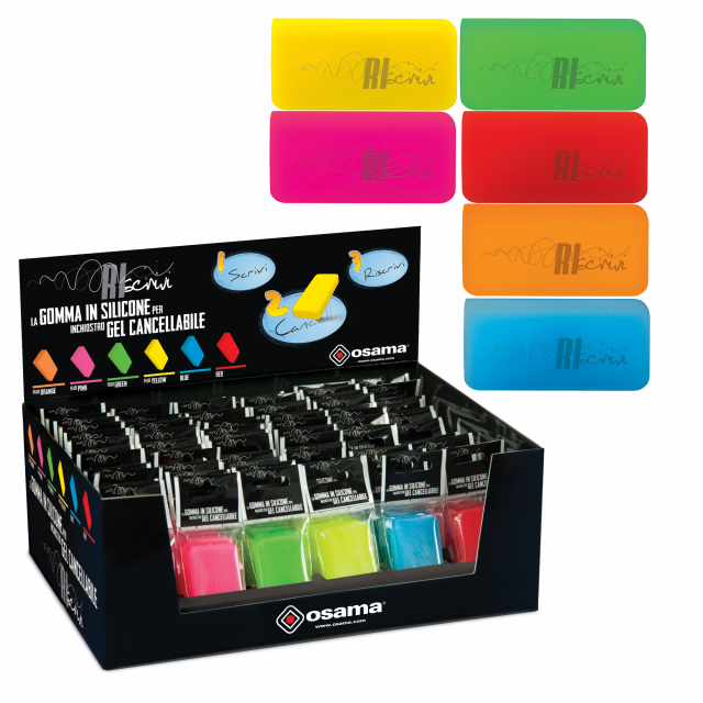 Gomma specifica in silicone per inchiostro gel cancellabile. Non lascia residui, non fora la carta. Adatta per scuola e ufficio.
Colori assortiti.
