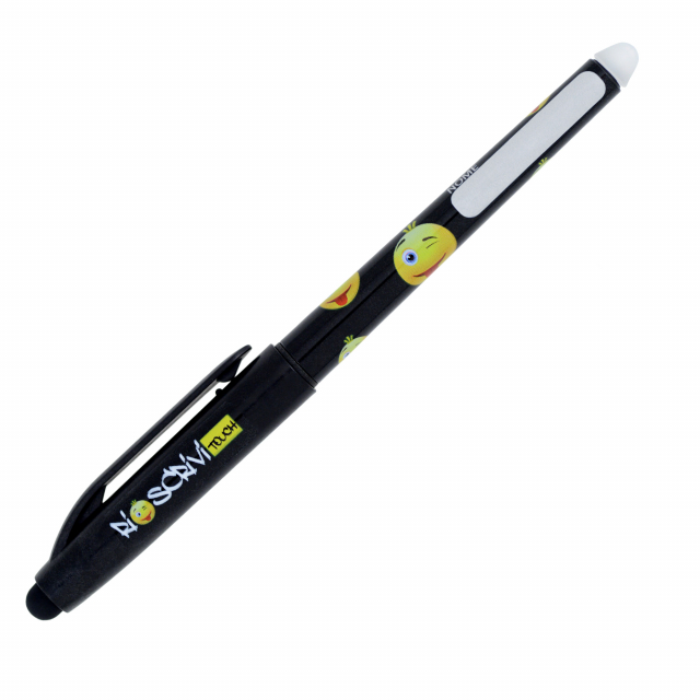 Penna inchiostro gel cancellabile termosensibile. 
Top in materiale speciale per essere utilizzata sui dispositivi Touch Screen. 
Punta conica da 0,7mm. Ricaricabile con refill RISCRIVI.
Fusto con finestra per poter essere personalizzato.
Fusto in 6 diffe