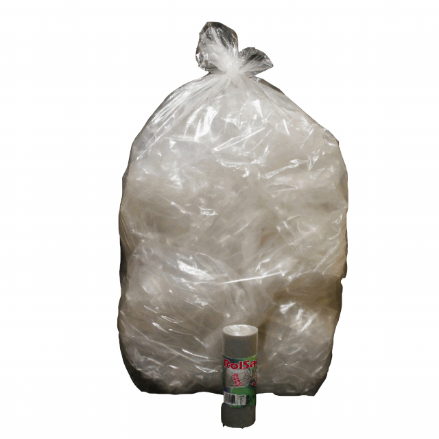 Sacchi pattumiera di colore trasparente neutro in MDPE rigenerato + PLT lineare. Formato 70x110cm 110Lt  22µ. In rotolo compatto da 10 sacchi con fascetta. Prodotto con alta resistenza meccanica. Adatti per la raccolta differenziata.