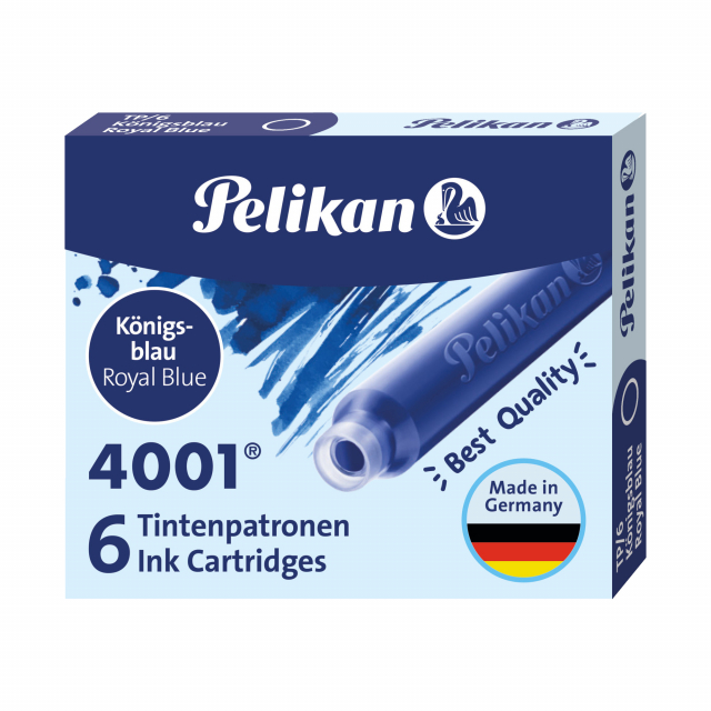 Cartucce adatte a qualunque stilografica. Inchiostro di ottima qualità. Permanente nei colori nero, rosso e verde; lavabile e cancellabile con cancellino Superpirat nel colore BluRoyal. Confezione da 6 cartucce. 
Colore: blu royal.