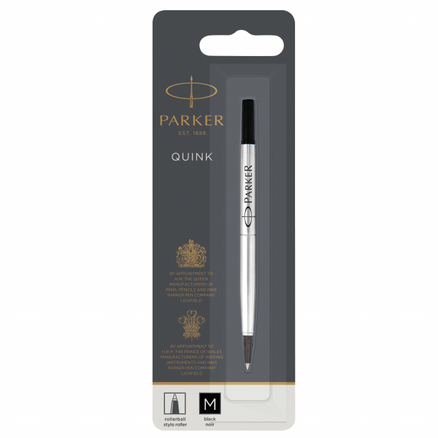 Refill roller standard adatto per tutte le penne roller Parker. 
Flusso costante dell inchiostro sostituibile senza perdide e sbavature. 
Punta fine da 0.5mm. 
Lunghezza 117mm.
