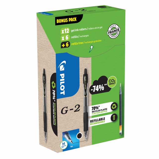 Green pack 12 penne + 12 refill roller ricaricabile con meccanismo a scatto. Inchiostro gel antisbavature resistente all’acqua. Fusto trasparente. Grip ergonomico. Clip e grip nel colore dell’inchiostro. 
Punta 0,7mm. Colore: nero.