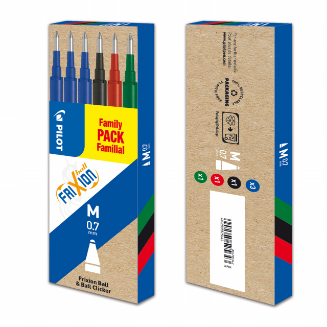 Set 6 Refill per FRIXION ball e clicker. Punta 0,7mm. Astuccio colori assortiti: 3 blu,1 nero, 1 rosso, 1 verde.