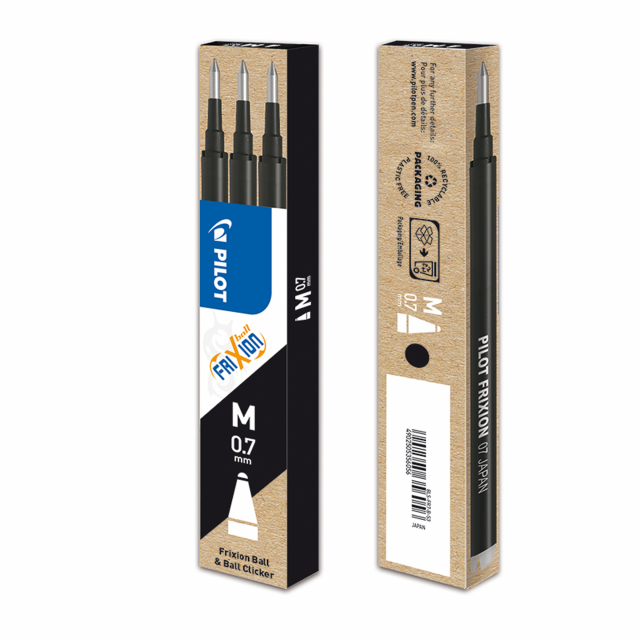Set 3 Refill per FRIXION ball e clicker. Punta 0,7mm. Colore: nero.