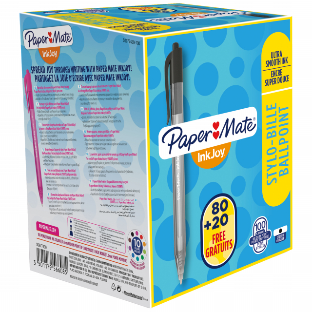 Papermate InkJoy 100, un sistema di inchiostro ULV per una incredibile scorrevolezza di scrittura e asciugatura rapida. I colori sono accesi e intensi, non sbava, richiede una minima pressione della mano e assicura linee precise e nette. Posside un fusto 