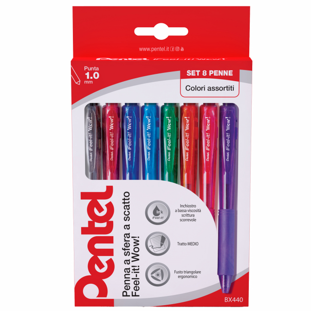 Astuccio da 8 colori. La penna a sfera Pentel WOW! dal design originale è a meccanismo a scatto laterale. Il fusto triangolare ergonomico favorisce l'impugnatura anche grazie al grip in gomma, per un ottimo comfort di scrittura. Asciugatura immediata. Pun
