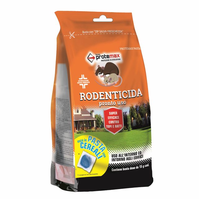 Esca rodenticida pronta all’uso in pasta. È ideale per il controllo d’infestazioni da topo domestico (Mus musculus) e ratto grigio (Rattus norvegicus). È caratterizzata da una miscela ben bilanciata d’ingredienti di origine alimentare molto appetibili per