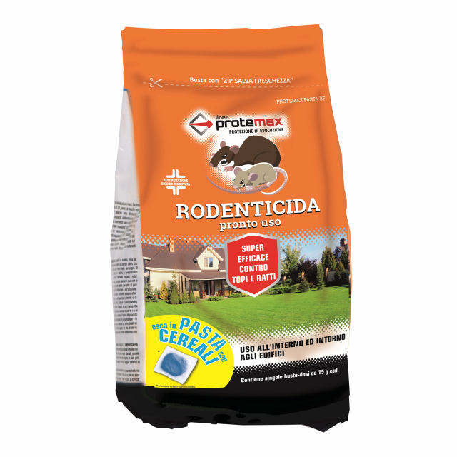 Esca rodenticida pronta all’uso in pasta. È ideale per il controllo d’infestazioni da topo domestico (Mus musculus) e ratto grigio (Rattus norvegicus). È caratterizzata da una miscela ben bilanciata d’ingredienti di origine alimentare molto appetibili per