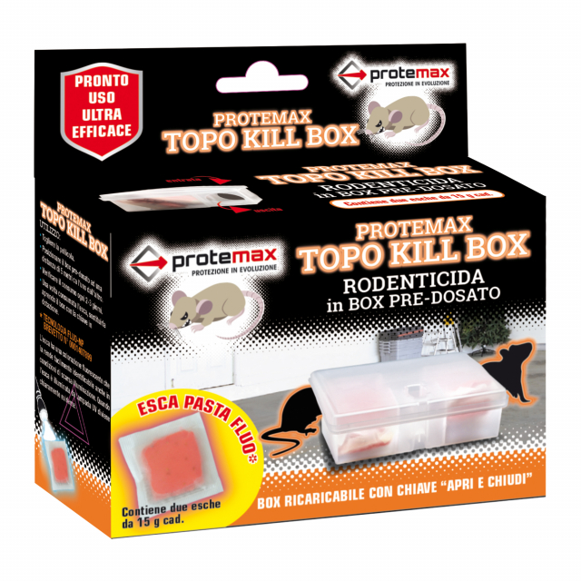 Box predosato con esca peer topi altamente appetibile ed efficace. Esca rodenticida in pasta fluo inserita in un contenitore di sicurezza in plastica trasparente, dotato di chiave per l’apertura e chiusura. Una volta consumata l’esca il contenitore può es
