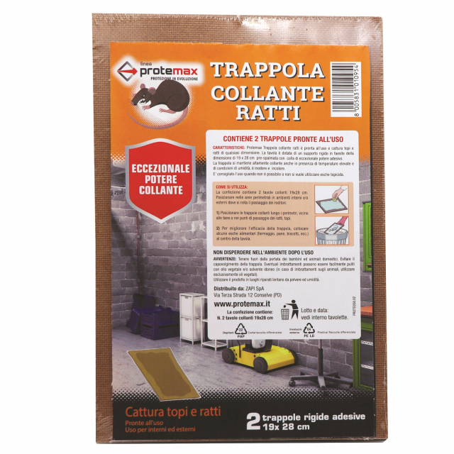 Blister contenente 2 tavolette rigide in faesite con dimensioni cm 19x28 cm pre-spalmate di colla ad alto potere adesivo, idonee alla cattura di topi e ratti. Si consiglia l’aggiunta al centro della trappola di esche alimentari (formaggio-pane-frutta) per