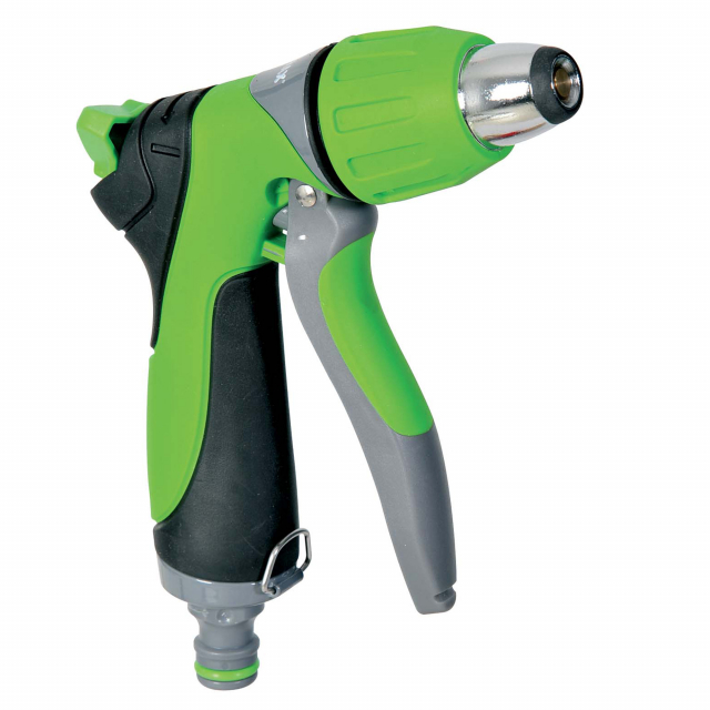 Pistola per irrigazione resistente agli urti agli agenti atmosferici e ai raggi UV. Impugnatura ergonomica. Corpo in alluminio. Irrigazione a spruzzo regolabile.