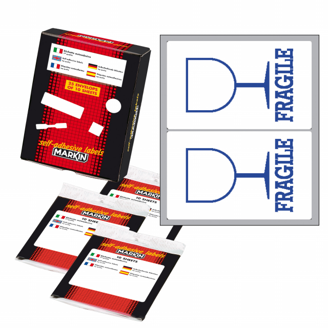Busta da 10 fogli formato 125x152.5mm di etichette bianche permanenti con scritta FRAGILE. Ogni foglio contiene 2 etichette da 115x70mm.