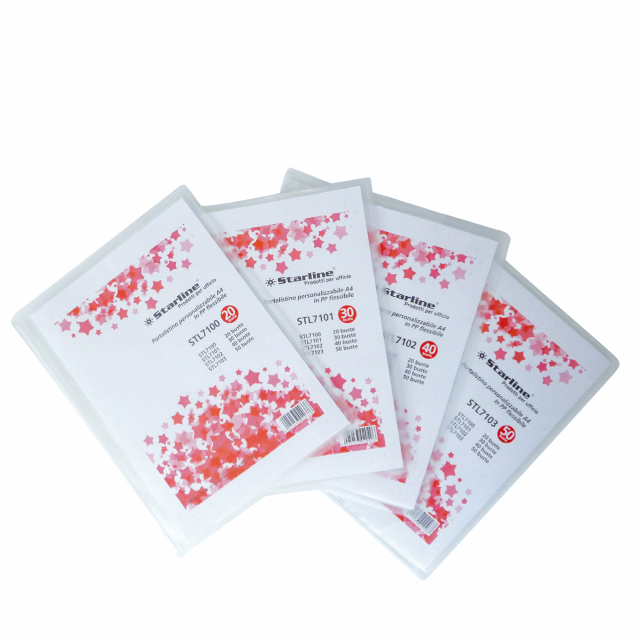 Portalistini A4 STARLINE in polipropilene flessibile con copertina trasparente dotata di tasca per la personalizzazione. Buste interne antiriflesso con finitura a buccia d’arancia.
Caratteristiche di questo articolo:
Codice: STL7102
Modello: Portalistino