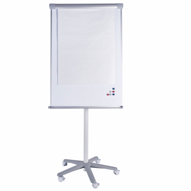 Portablocco mobile STARLINE con superficie in acciaio laccato bianco magnetica e scrivibile. Formato: 70x100cm. Base mobile stabile con 5 ruote bloccabili. Sottile cornice in alluminio. Ganci portablocco regolabili che lo rendono compatibile con qualsiasi