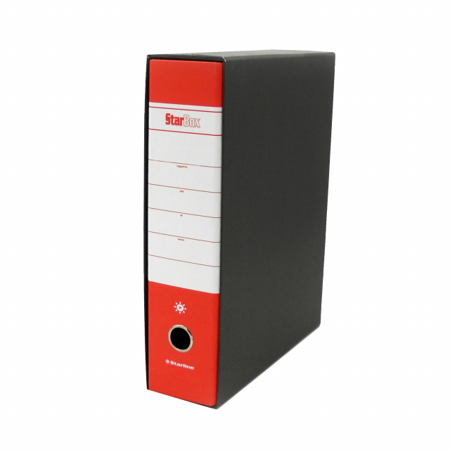 Registratore STARLINE modello StarBox, con struttura in cartone rivestita in carta goffrata stampata e risguardo bianco. Dotato di meccanismo a leva in acciaio nichelato con pressino. Custodia in fibrone nero rivestita in carta usomano. Anello di estrazio