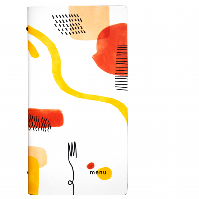 Un omaggio alla cucina italiana in chiave astratta. Portamenù F.to 18x31,6cm realizzato su pelle rigenerata (spessore 1,8mm). Lavabile con un panno umido.
