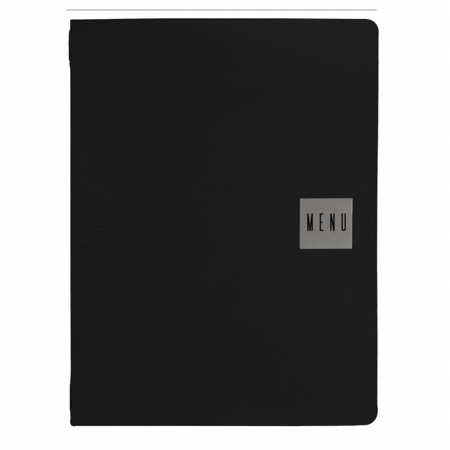 Porta menù con pratico sistema di inserimento dei fogli di carta tramite fascia interna. Dimensioni: 24,3xH33cm.