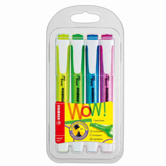 Astuccio 4 colori. Inchiostro a base d'acqua. Fusto "salva-spazio" trasparente nel colore dell'inchiostro, pratica clip. Impugnatura opaca e antiscivolo. Cappuccio ventilato antisoffocamento. Tecnologia Anti-Dry-Out: resiste 4 ore senza cappuccio.