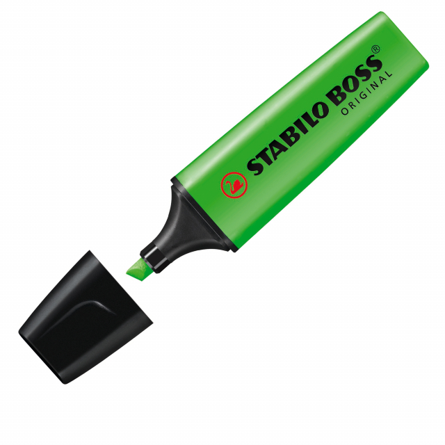 Classica forma appiattita antirotolamento. Inchiostro fluido a base d'acqua. Tecnologia  Anti-Dry-Out: resiste 4 ore senza cappuccio. Punta scalpello con tratto da 2 a 5mm.
Colore: verde.