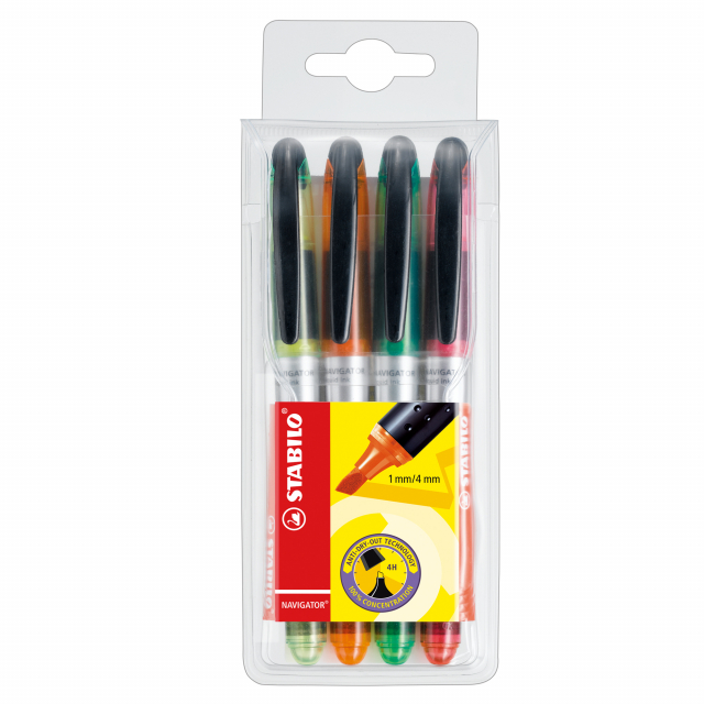 Busta 4 colori assortiti. Modello tascabile con clip. Impugnatura morbida. Indicatore del livello d'inchiostro. 2 ampiezze di tratto 1-4mm. Inchiostro a base d'acqua. Per carta normale, da fotocopie e fax. Resiste fino a 4 ore senza cappuccio.