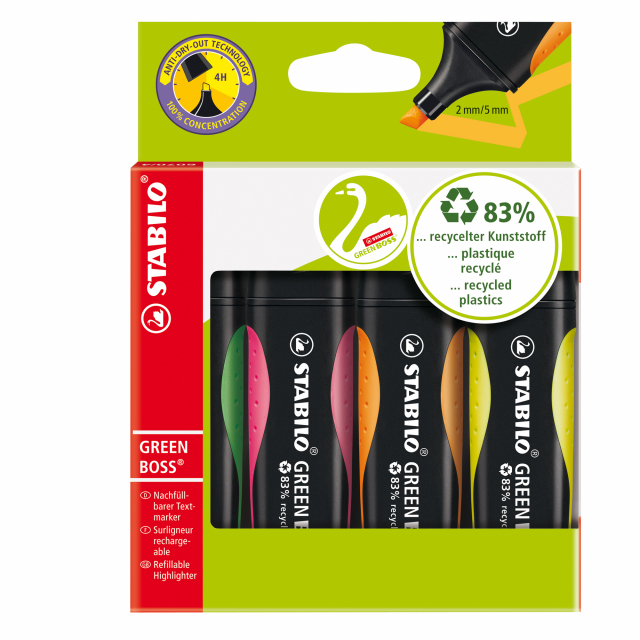 Astuccio 4 colori. Prodotto con l' 83% di plastica riciclata. Evidenzia per circa 375mt. Inchiostro a base acquosa. Tecnologia Anti-Dry-Out. Due ampiezze di tratto 2-5mm.