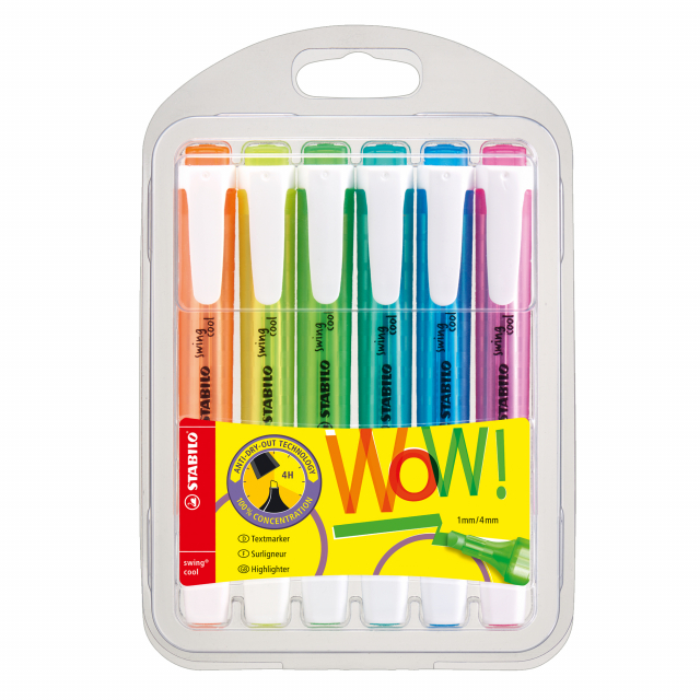 Astuccio 6 colori: arancio, giallo, verde, turchese, azzurro, rosa.
Inchiostro a base d'acqua. Fusto "salva-spazio" trasparente nel colore dell'inchiostro, pratica clip. Impugnatura opaca e antiscivolo.
Cappuccio ventilato antisoffocamento.
Tecnologia A