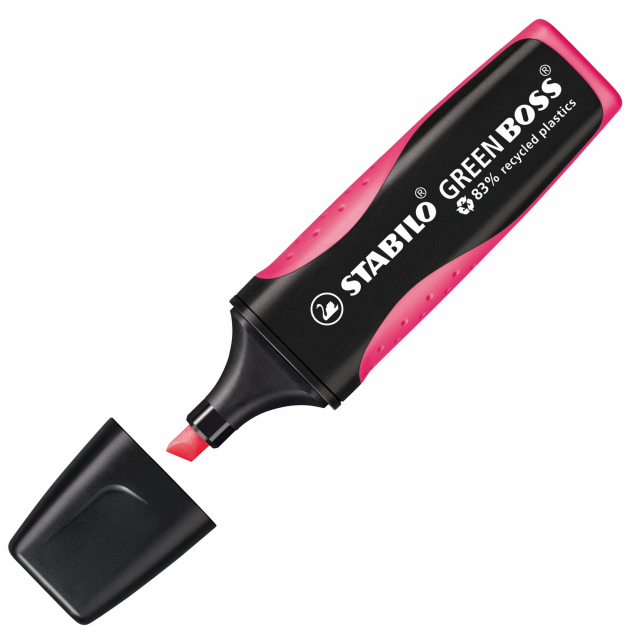 Prodotto con l' 83% di plastica riciclata. Evidenzia per circa 375mt. Inchiostro a base acquosa. Tecnologia Anti-Dry-Out. Due ampiezze di tratto 2-5mm. 
Colore: rosa.