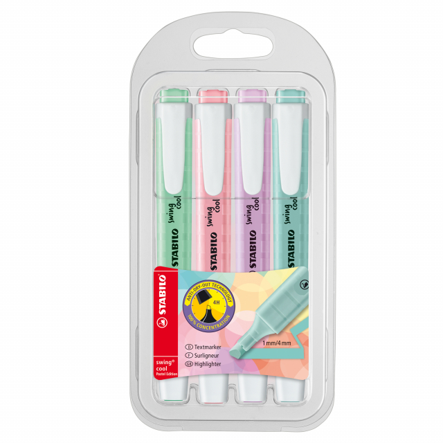 Inchiostro a base d'acqua. Fusto "salva-spazio" trasparente nel colore dell'inchiostro, pratica clip. Impugnatura opaca e antiscivolo. Cappuccio ventilato antisoffocamento. Tecnologia Anti-Dry-Out: resiste 4 ore senza cappuccio.
Astuccio 4 colori pastel: