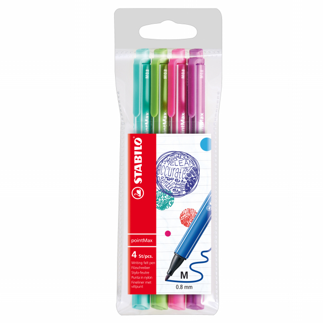 Astuccio 4 colori: azzurro,verde, rosa, viola.
Fineliner con punta in nylon robusta. Inchiostro inodore a base d‘acqua. Tratto da 0,8 mm. Cappuccio ventilato. Resiste fino a 24 ore senza cappuccio. Dotato di comoda clip.
Punta 0,8mm.