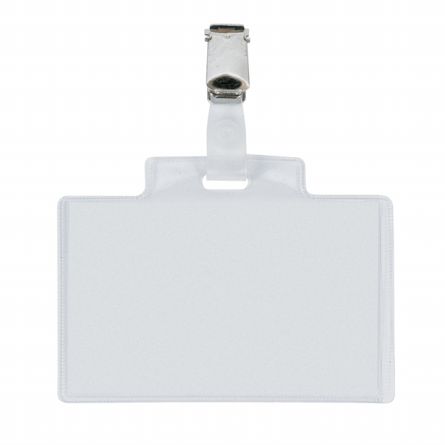 Porta nomi in PVC trasparente, alto spessore, completi di pinzette in metallo e cartoncini. Adatti a congressi, riunioni, visite guidate. Apertura lato corto (laterale). Formato 95x60 mm.