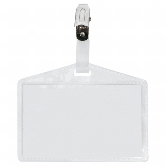 Porta nomi in PP  buccia completi di pinzette in metallo (a pinza), senza cartoncino. Apertura lato corto (laterale). Adatti a congressi, riunioni, visite guidate. Formato 95x60mm.