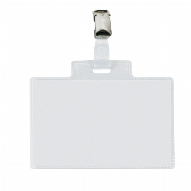 Porta nomi in PVC trasparente, alto spessore, completi di pinzette in metallo e cartoncini. Adatti a congressi, riunioni, visite guidate. Il cartoncino si inserisce dal lato corto. Formato 110x70mm.
