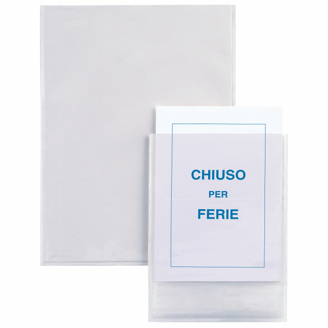 Tasca autoadesive in PVC trasparente adatta ad esporre avvisi (affittasi, torno subito, chiuso per ferie, saldi), regolamenti, istruzioni e a personalizzare cartelle, raccoglitori ad anelli. Formato contenuto 210x297mm (A4). Confezione da 5 buste.