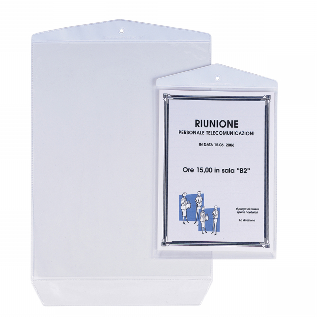 Buste porta avvisi in PVC con foro rinforzato per appendere e patella bianca non trasparente di chiusura dal basso. Ideali per proteggere dalla polvere e dall'umidità, istruzioni, avvisi, tabelle, licenze, menu, informazioni pubbliche.Formato contenuto 15