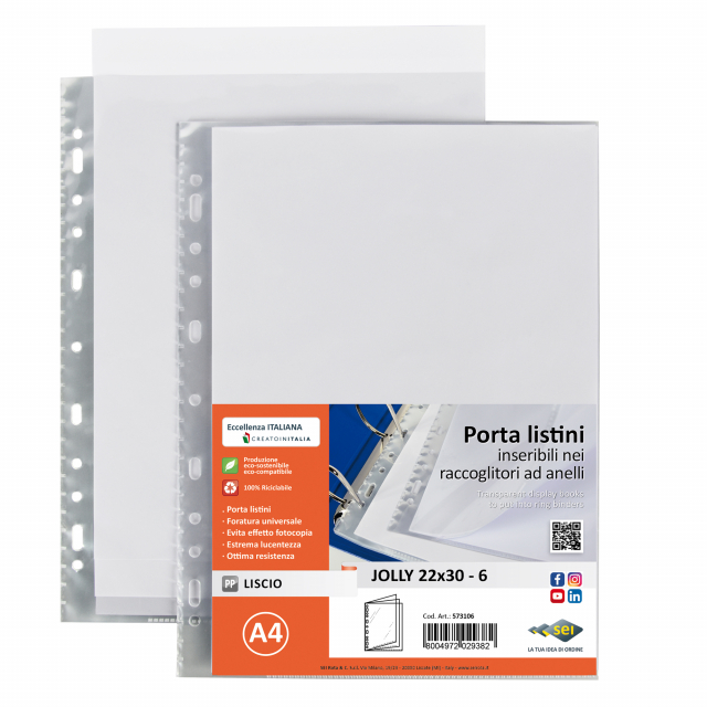 Porta listini trasparenti a fogli fissi con foratura universale in PP liscio. Inseribili in tutti i raccoglitori ad anelli. Disponibili a 6 buste (12 facciate) e a 12 buste (24 facciate). F.to 22x30cm