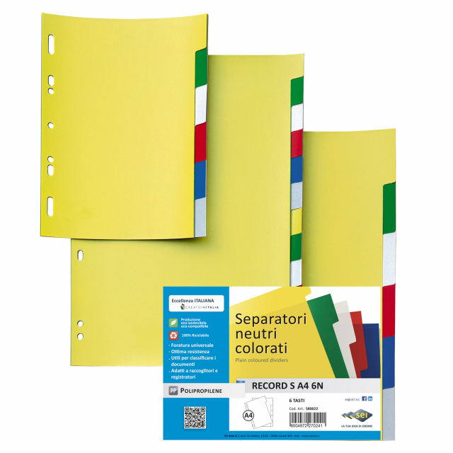 Separatori neutri colorati realizzati in Polipropilene. Dotati di 6 tasti scrivibili per una comoda classificazione dei documenti. Foratura universale. Formato contenuto: 21x29,7 cm (A4).