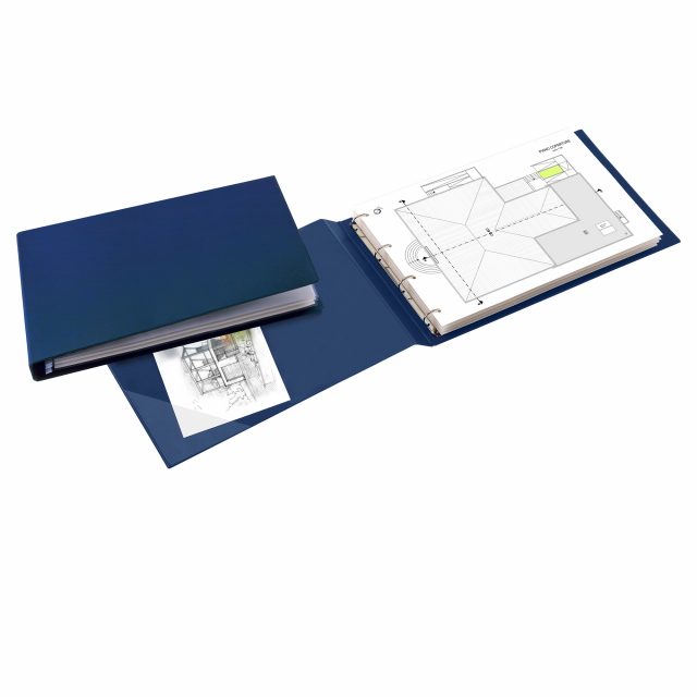 Raccoglitore in Colpan 2000® (cartone rivestito in PVC espanso), spessore 1 mm, con meccanismo a 4 anelli (a D) e tasca interna trasparente. Adatto a contenere documenti, disegni, poster, cartine geografiche, cartelli pubblicitari, stampe. Destinato a dur